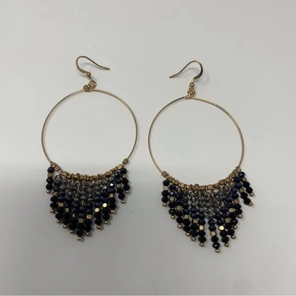 Large Gold Tone Beaded Hoop Boho Dangle Earrings - Picture 2 of 5